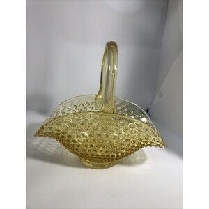 L.E. Smith Glass Handmade Hobnail Yellow Basket Vintage Country Cottage Granny